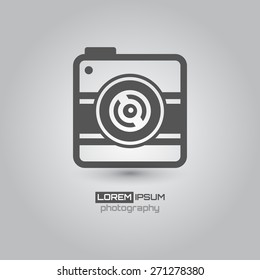 Photo camera, simple conceptual logo design. Logo template. Corporate icon. Vector illustration.