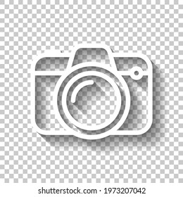 Photo camera, simple digital icon. White linear icon with editable stroke and shadow on transparent background