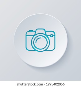 Photo camera, simple digital icon. Cut circle with gray and blue layers. Paper style