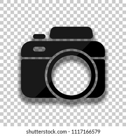 Photo camera, simple icon. Black glass icon with soft shadow on transparent background