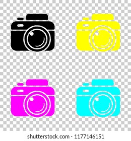 Photo camera, simple icon. Colored set of cmyk icons on transparent background