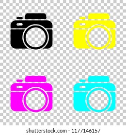 Photo camera, simple icon. Colored set of cmyk icons on transparent background