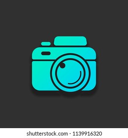 Photo camera, simple icon. Colorful logo concept with soft shadow on dark background. Icon color of azure ocean