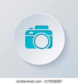 Photo camera, simple icon. Cut circle with gray and blue layers. Paper style