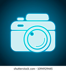 Photo camera, simple icon. Neon style. Light decoration icon. Bright electric symbol
