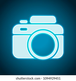 Photo camera, simple icon. Neon style. Light decoration icon. Bright electric symbol