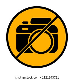Photo camera, simple icon. not allowed, black object in warning sign with orange background color