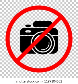 Photo camera, simple icon. Not allowed, black object in red warning sign with transparent background