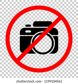 Photo camera, simple icon. Not allowed, black object in red warning sign with transparent background