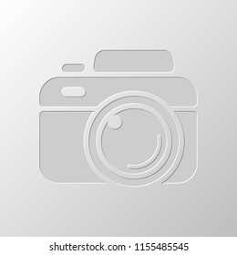 Photo camera, simple icon. Paper design. Cutted symbol. Pitted style