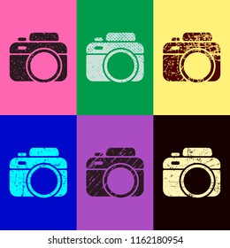 Photo camera, simple icon. Pop art style. Scratched icons on 6 colour backgrounds. 