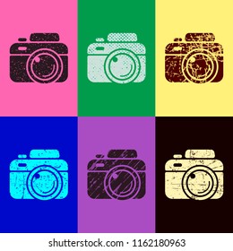 Photo camera, simple icon. Pop art style. Scratched icons on 6 colour backgrounds. 