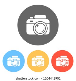 Photo camera, simple icon. Set of white icons on colored circles