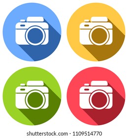 Photo camera, simple icon. Set of white icons with long shadow on blue, orange, green and red colored circles. Sticker style