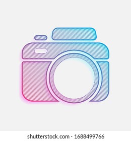 Photo camera, simple icon. Technology logo with diagonal lines and colored gradient. Neon graphic, light effect. Blue and red colors