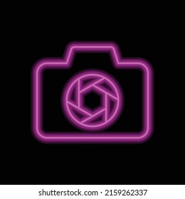 Photo camera simple icon vector. Flat design. Purple neon style on black background.ai