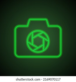 Photo camera simple icon vector. Flat design. Green neon on black background with green light.ai