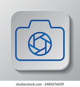 Photo camera simple icon vector. Flat design. Paper cut design. Cutted blue symbol with shadow. Gray badge button, gray background.ai