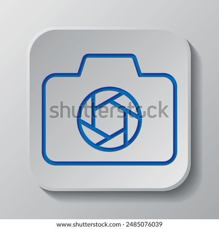 Photo camera simple icon vector. Flat design. Paper cut design. Cutted blue symbol with shadow. Gray badge button, gray background.ai