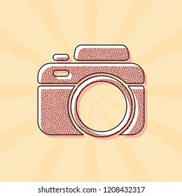 Photo camera, simple icon. Vintage retro typography with offset printing effect. Dots poster with comics pop art background