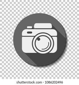 Photo camera, simple icon. White flat icon with long shadow in circle on transparent background. Badge or sticker style