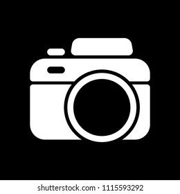 Photo camera, simple icon. White icon on black background. Inversion