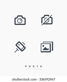 Photo, camera, snapshot, self mobile phone in a holder. Set of isolated minimal flat linear icons. Line vector icons for websites and mobile minimalistic flat design. Modern trend concept design