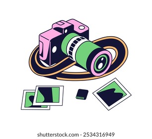 Cámara fotográfica con instantáneas. Moderna cámara fotográfica con lente de telémetro y tomas. Equipo de fotografía con correa e imágenes. Icono de Fotografía. Ilustración vectorial aislada plana sobre fondo blanco