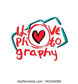  Photo camera with stylish lettering - I Love Photography. Hand drawn illustration. Print for your t-shirt design.