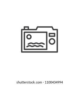 Photo camera with summer picture on display outline icon. linear style sign for mobile concept and web design. simple line vector icon. Symbol, logo illustration. Pixel perfect vector graphics