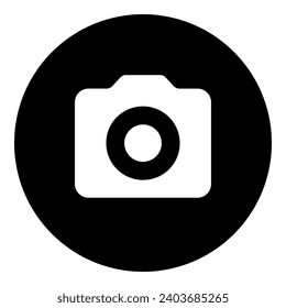 A photo camera symbol in the center. Isolated white symbol in black circle. Vector illustration on white background