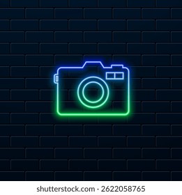 Photo camera symbol. DSLR camera sign icon. Digital camera. Neon style.