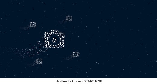 A photo camera symbol filled with dots flies through the stars leaving a trail behind. There are four small symbols around. Vector illustration on dark blue background with stars