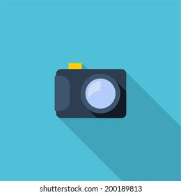 Photo camera symbol. Vector illustration of flat color icon with long shadow.  