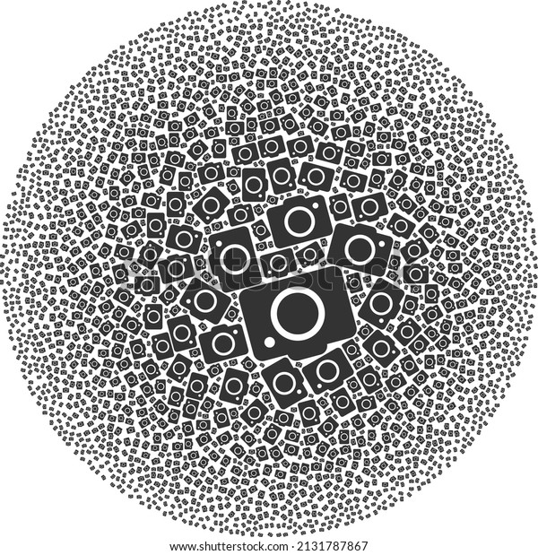 Photo camera symbols are united into\
bubble group. Photo camera icon bubble collage. Abstract round\
bubble collage organized with photo camera\
symbols.