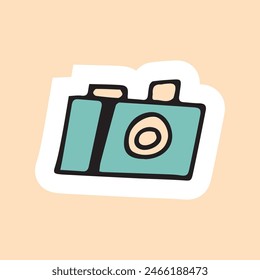 photo camera. take pictures. camera. the lens. shot. stunt. vector. sticker. doodle drawing. retro palette. with a white outline.