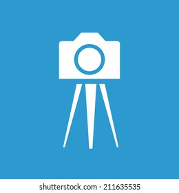 photo camera tripod icon, isolated, white on the blue background. Exclusive Symbols 