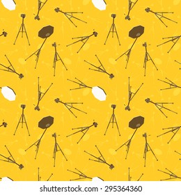 Photo camera, tripod and softbox. Seamless pattern. The layout is fully editable