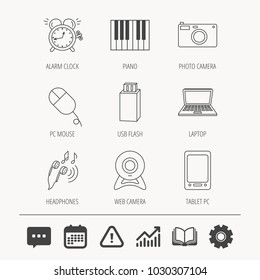 Photo camera, USB flash and notebook laptop icons. PC mouse, alarm clock and web camera linear signs. Tablet PC and music headphones icons. Education book, Graph chart and Chat signs. Vector
