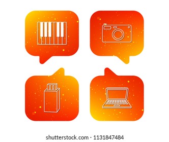 Photo camera, USB flash and notebook laptop icons. Piano linear sign. Orange Speech bubbles with icons set. Soft color gradient chat symbols. Vector