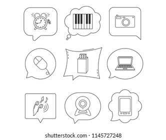Photo camera, USB flash and notebook laptop icons. PC mouse, alarm clock and web camera linear signs. Tablet PC and music headphones icons. Linear Speech bubbles with icons set. Comic chat balloon