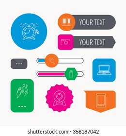 Photo camera, USB flash and notebook laptop icons. PC mouse, alarm clock and web camera linear signs. Tablet PC and music headphones icons. Web buttons and app menu navigation.