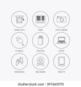 Photo camera, USB flash and notebook laptop icons. PC mouse, alarm clock and web camera linear signs. Tablet PC and music headphones icons. Linear colored in circle edge icons.