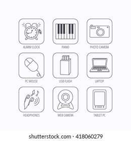 Photo camera, USB flash and notebook laptop icons. PC mouse, alarm clock and web camera linear signs. Tablet PC and music headphones icons. Flat linear icons in squares on white background. Vector