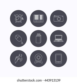 Photo camera, USB flash and notebook laptop icons. PC mouse, alarm clock and web camera linear signs. Tablet PC and music headphones icons. Flat icons in circle buttons on white background. Vector