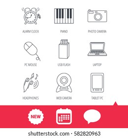 Photo camera, USB flash and notebook laptop icons. PC mouse, alarm clock and web camera linear signs. Tablet PC and music headphones icons. New tag, speech bubble and calendar web icons. Vector