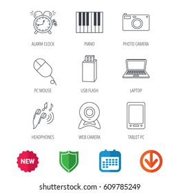 Photo camera, USB flash and notebook laptop icons. PC mouse, alarm clock and web camera linear signs. Tablet PC and music headphones icons. New tag, shield and calendar web icons. Download arrow