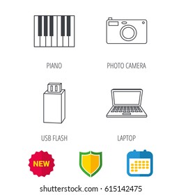 Photo camera, USB flash and notebook laptop icons. Piano linear sign. Shield protection, calendar and new tag web icons. Vector