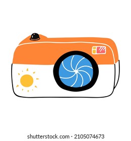 Photo camera. Vacation accessories. Vector illustration isolated on a white background.