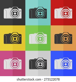 Photo camera vector icon - colored set. Flat design